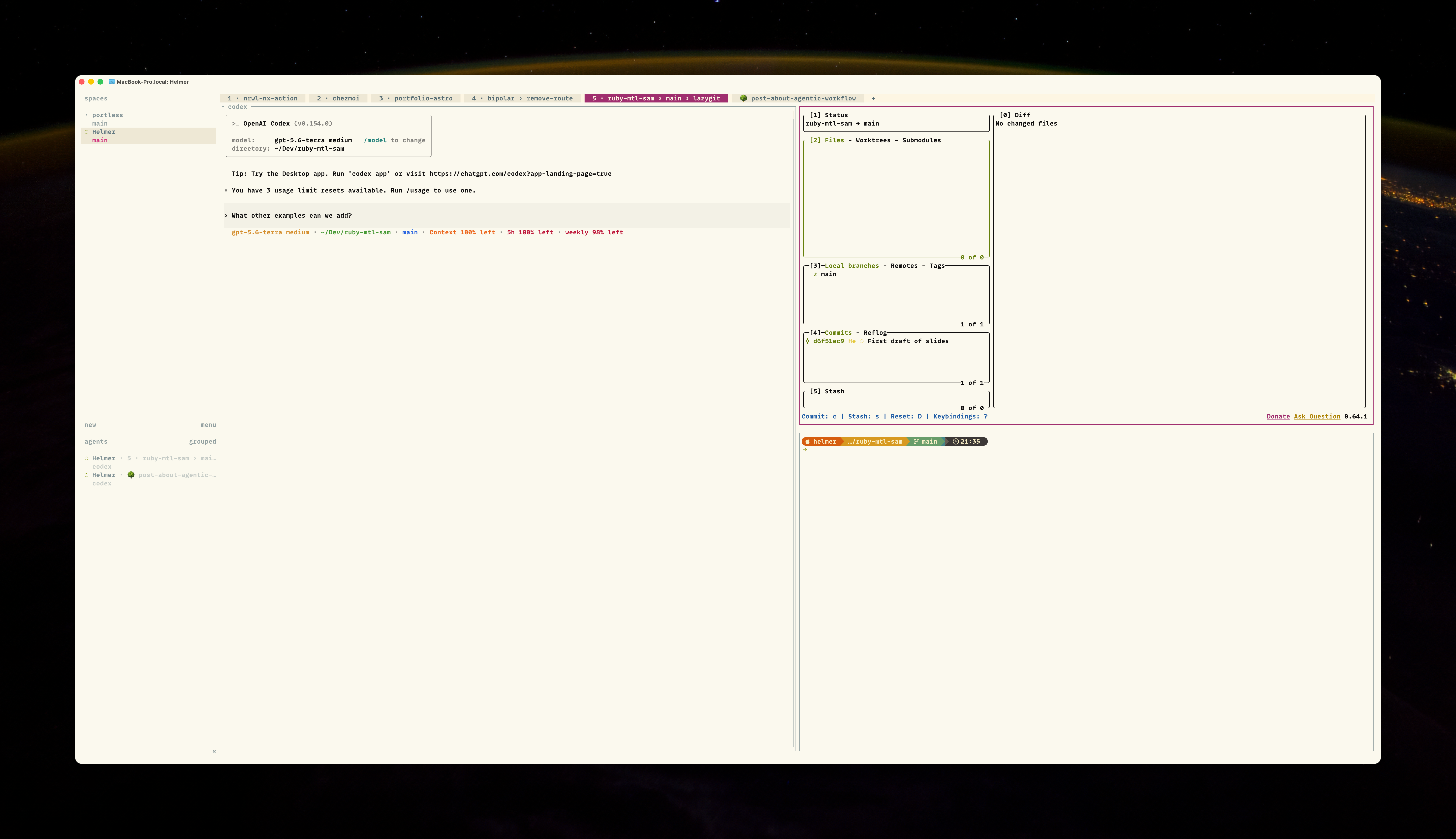 Herdr workspace with an agent conversation, lazygit, and a command pane